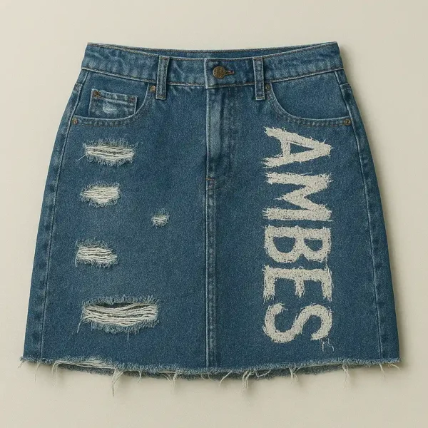 Denim Raw Edge Distressed Skirt