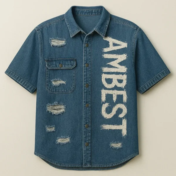Casual Half-Sleeve Denim Shirt Distressed