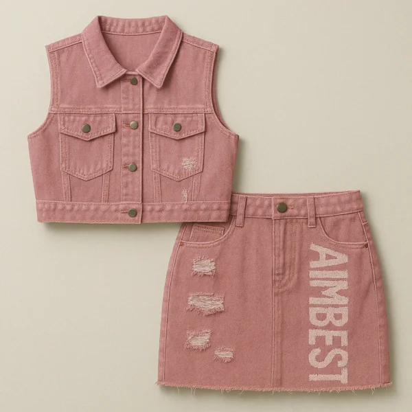 Retro Pink Distressed Denim 2-Piece Set